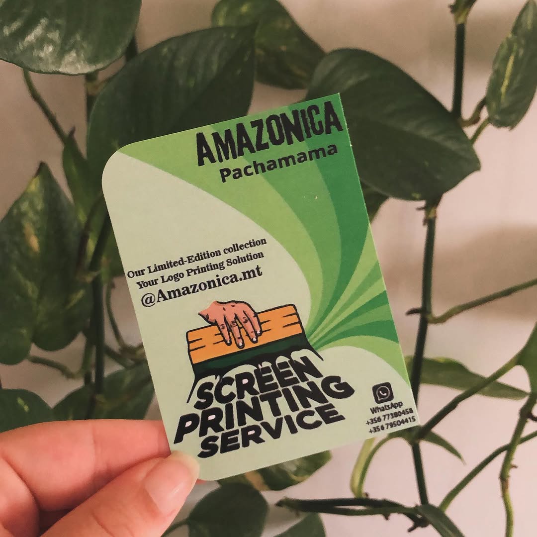 Amazonica branded print card with jungle-inspired green design and contact information
